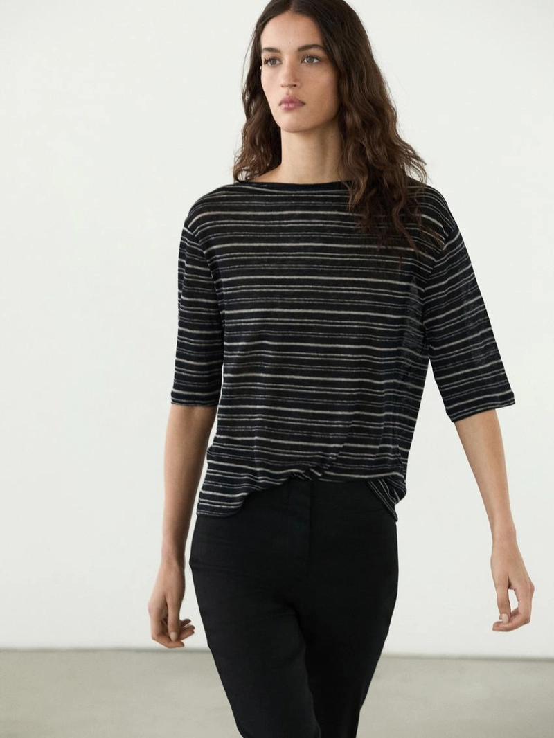 Футболка из льна с 3/4 рукавами в полоску