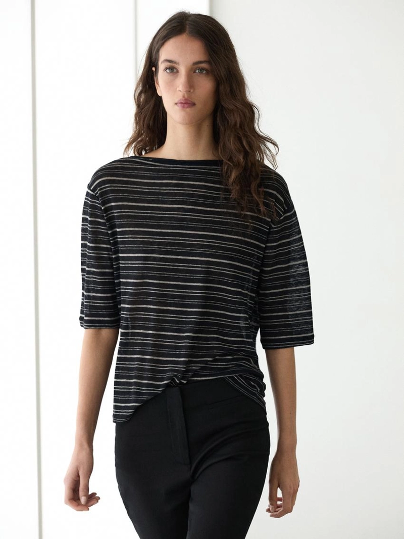 Футболка из льна с 3/4 рукавами в полоску