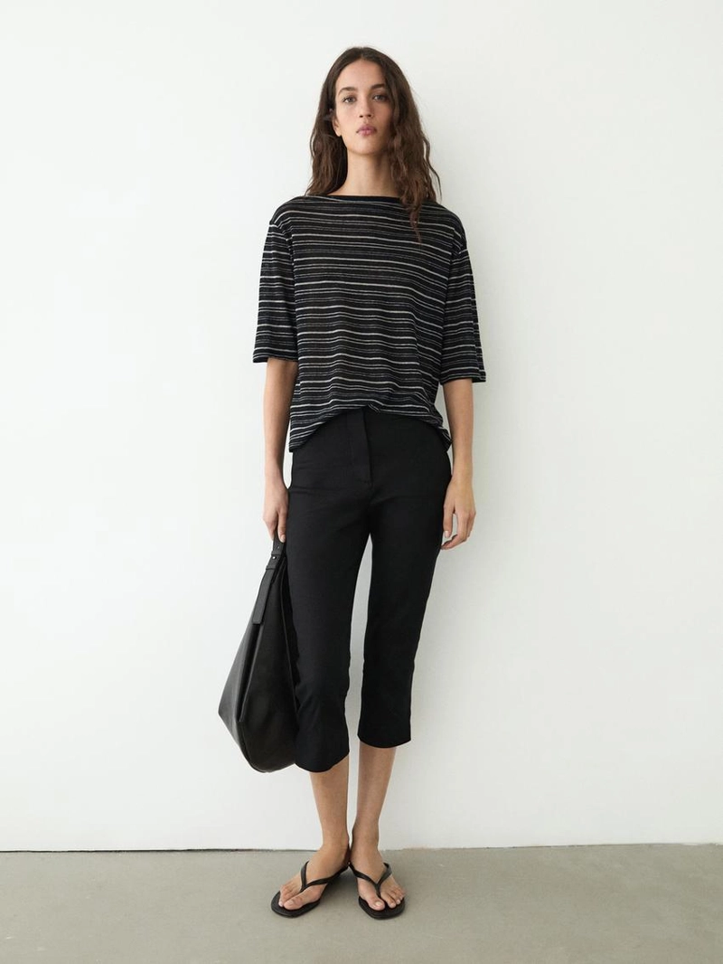 Футболка из льна с 3/4 рукавами в полоску