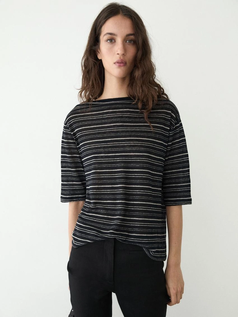 Футболка из льна с 3/4 рукавами в полоску