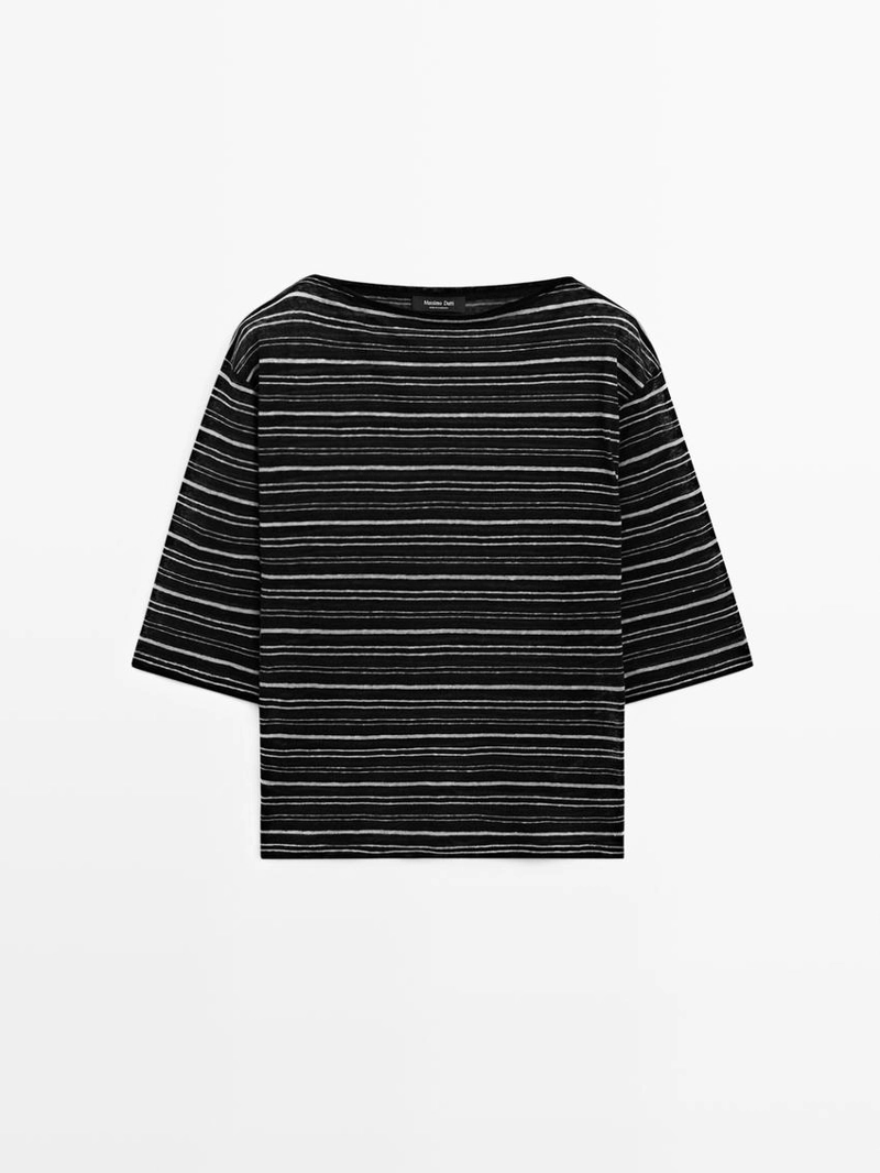 Футболка из льна с 3/4 рукавами в полоску