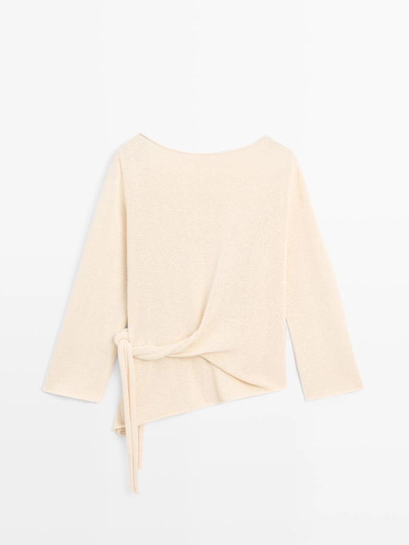 Свитер из льняной смеси с асимметричным вырезом и завязкой