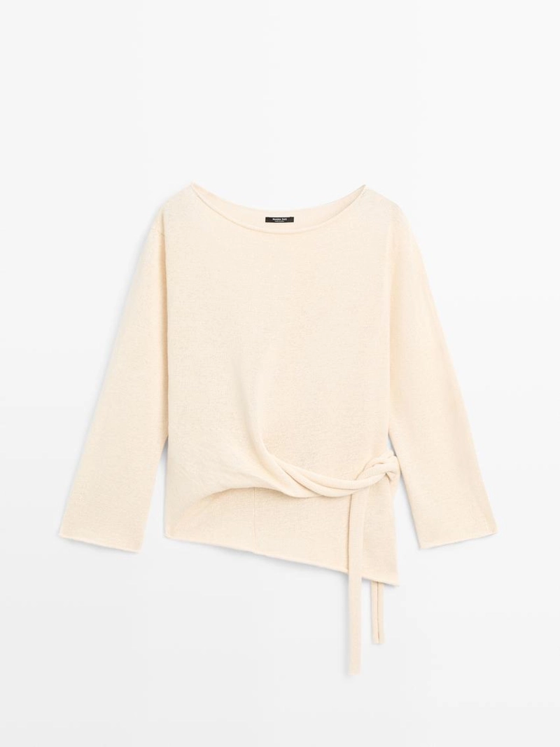 Свитер из льняной смеси с асимметричным вырезом и завязкой