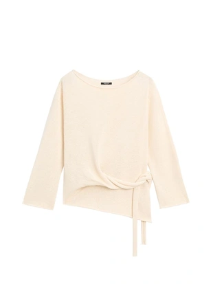 Свитер из льняной смеси с асимметричным вырезом и завязкой- Заказать в России