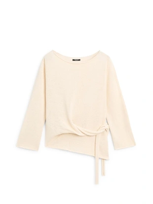 Свитер из льняной смеси с асимметричным вырезом и завязкой- Заказать в России