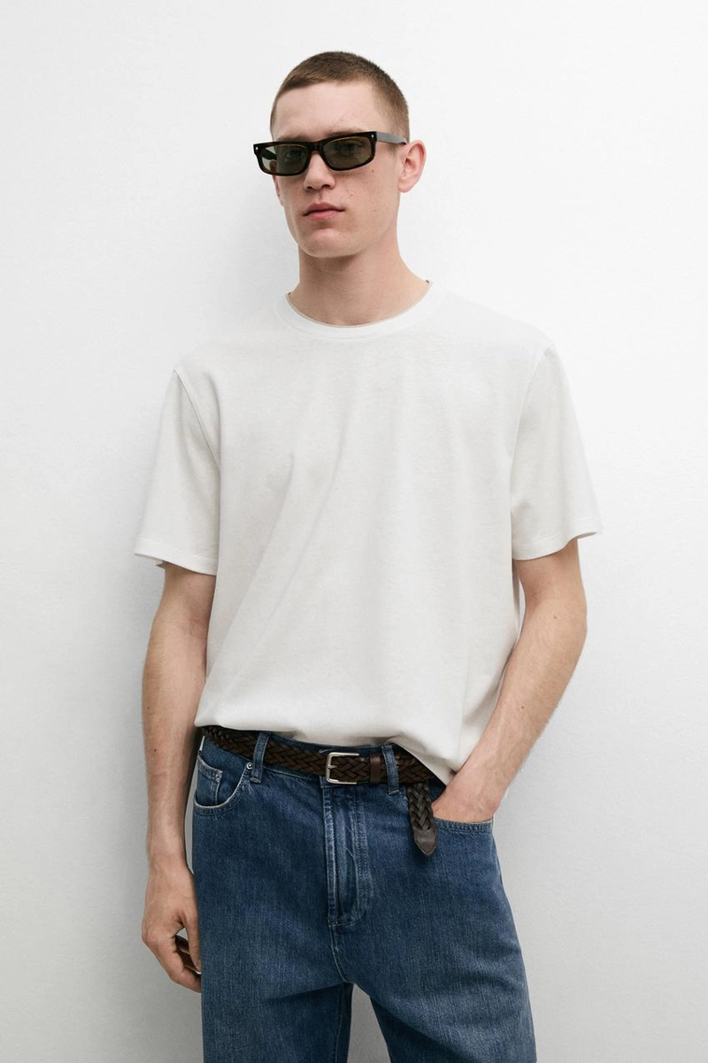 Футболка из льна и хлопка с двойным воротником