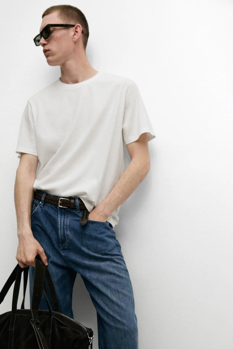 Футболка из льна и хлопка с двойным воротником