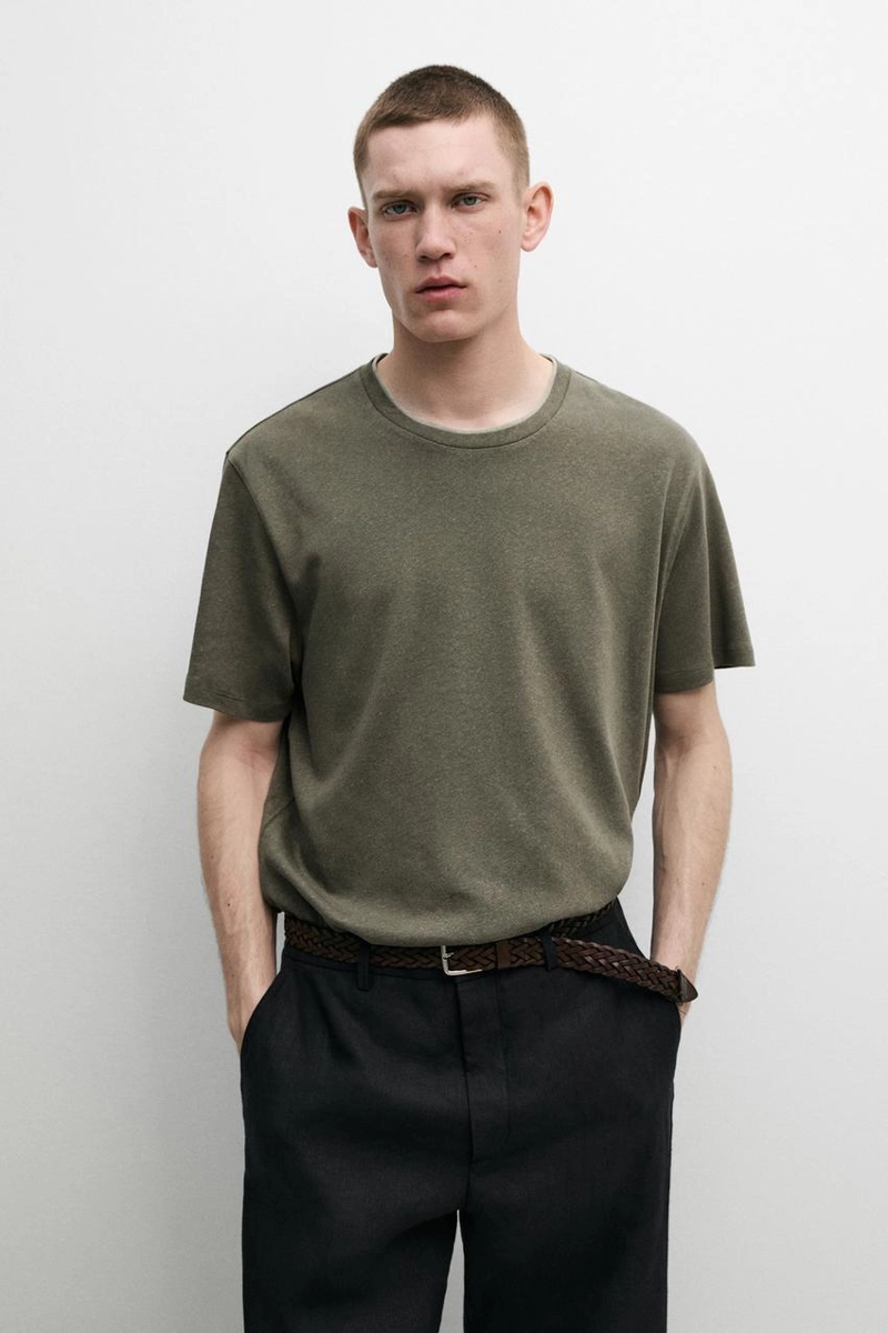 Футболка из льна и хлопка с двойным воротником