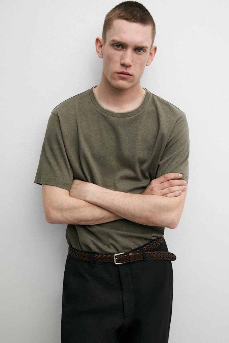 Футболка из льна и хлопка с двойным воротником