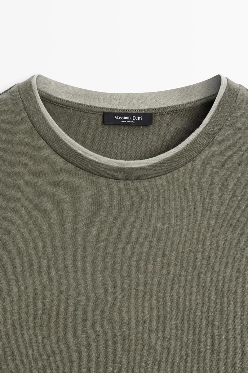 Футболка из льна и хлопка с двойным воротником