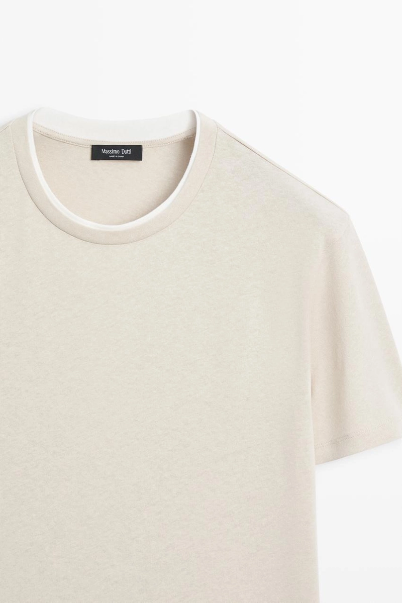 Футболка из льна и хлопка с двойным воротником