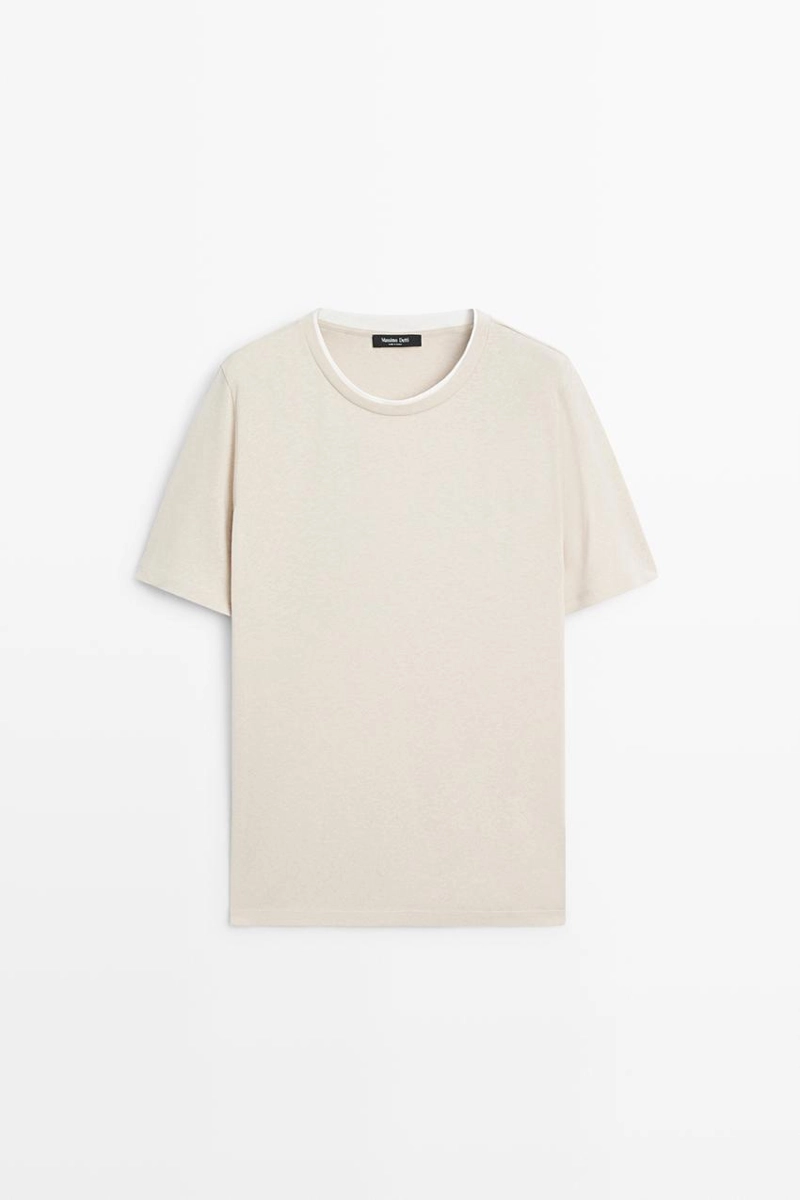 Футболка из льна и хлопка с двойным воротником