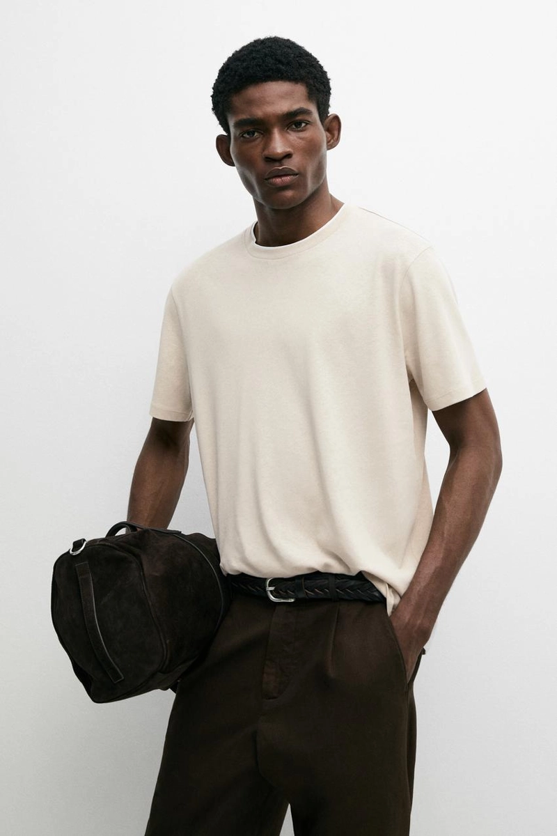 Футболка из льна и хлопка с двойным воротником