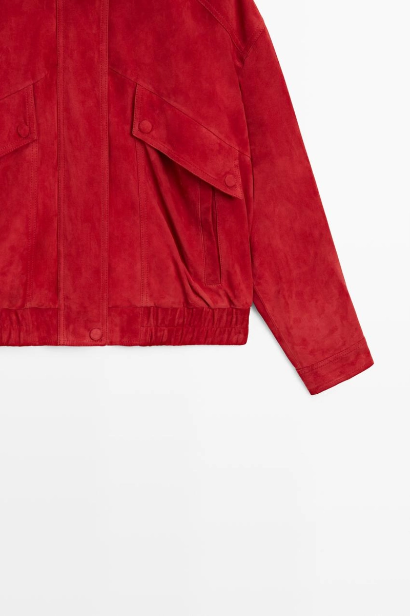 Замшевая кожаная куртка-бомбер с деталями кармана