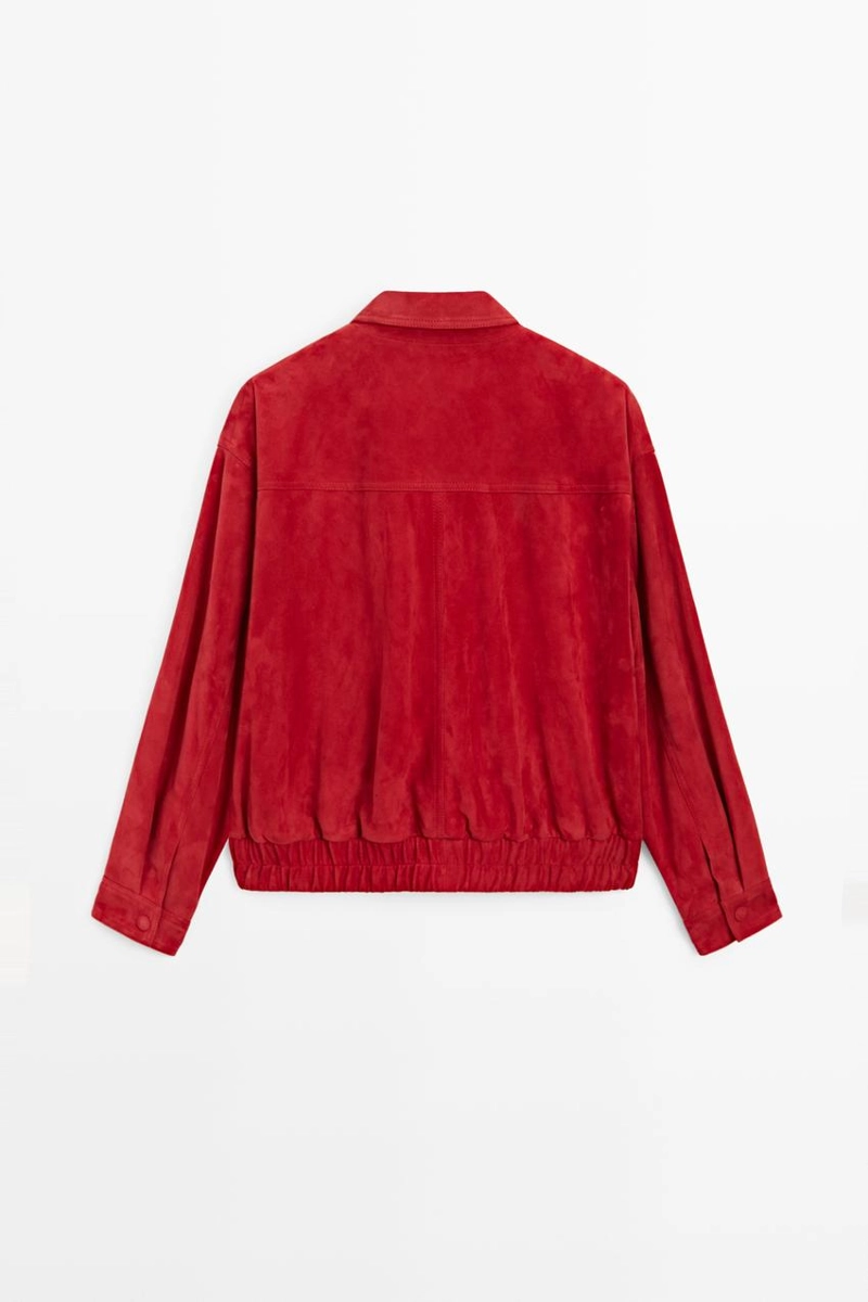 Замшевая кожаная куртка-бомбер с деталями кармана