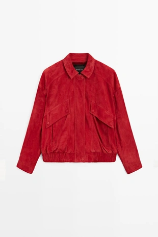 Замшевая кожаная куртка-бомбер с деталями кармана- Заказать в России