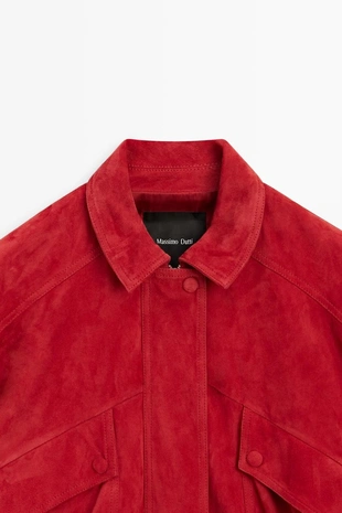 Замшевая кожаная куртка-бомбер с деталями кармана- Заказать в России