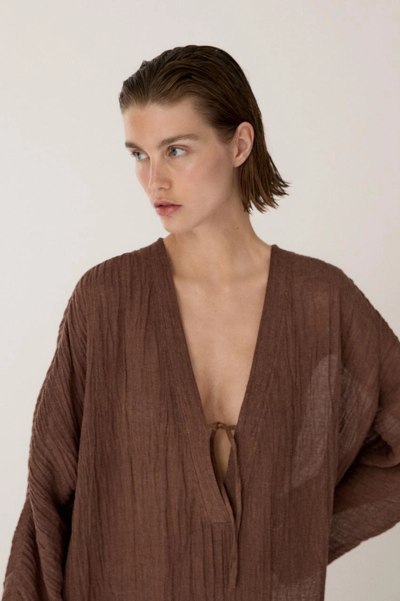 Платье-кафтан из смесового льна с завязкой на горловине