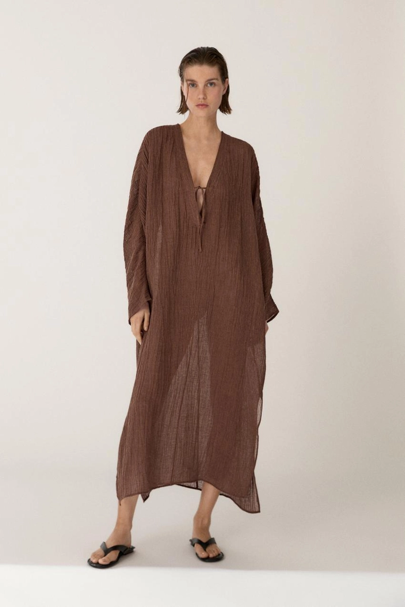 Платье-кафтан из смесового льна с завязкой на горловине