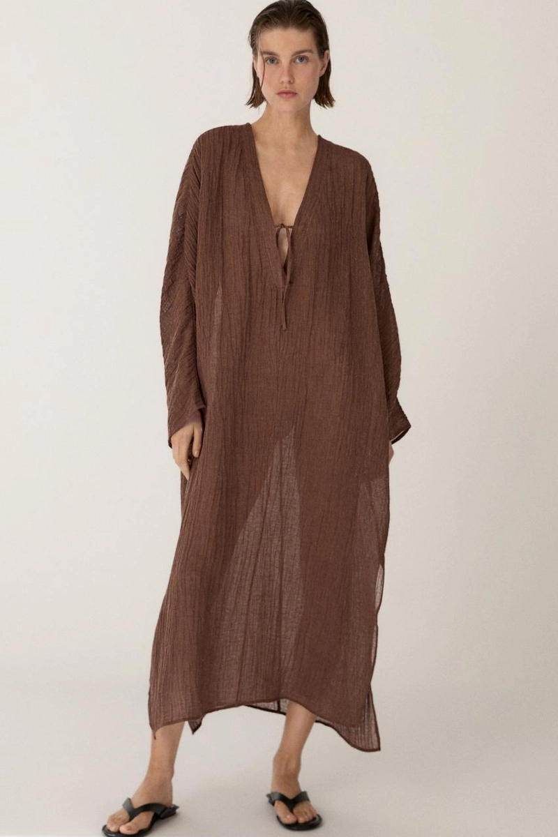 Платье-кафтан из смесового льна с завязкой на горловине