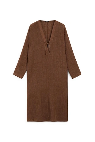 Платье-кафтан из смесового льна с завязкой на горловине- Заказать в России