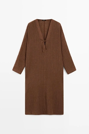 Платье-кафтан из смесового льна с завязкой на горловине- Заказать в России