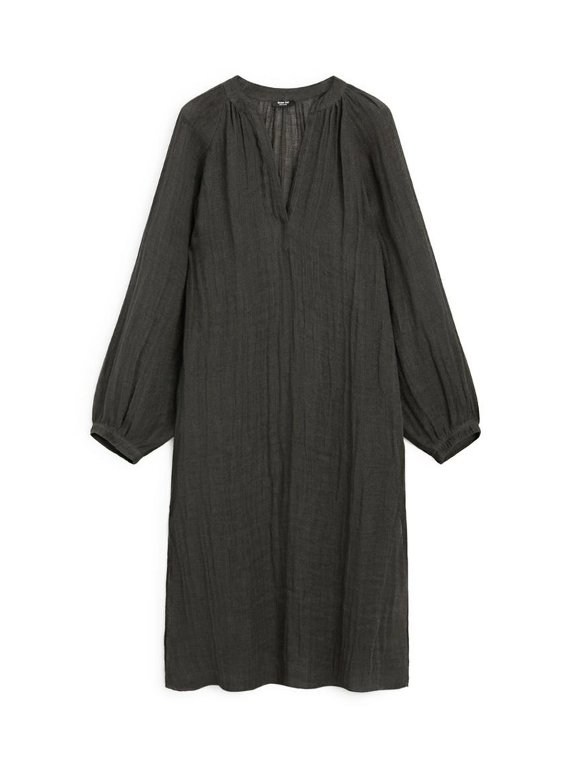 Платье свободного кроя из 100% льна с длинным рукавом