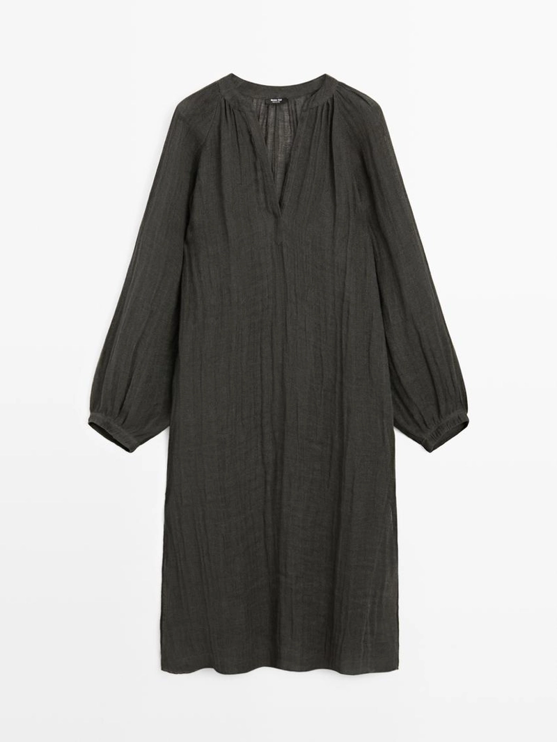 Платье свободного кроя из 100% льна с длинным рукавом