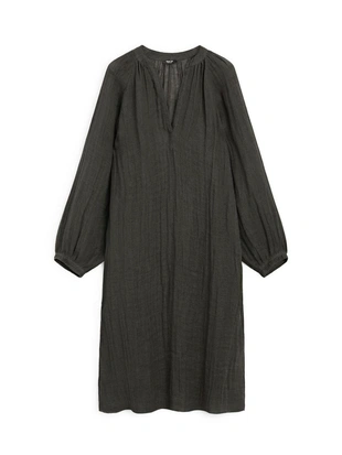 Платье свободного кроя из 100% льна с длинным рукавом- Заказать в России