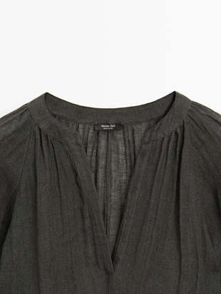 Платье свободного кроя из 100% льна с длинным рукавом- Заказать в России