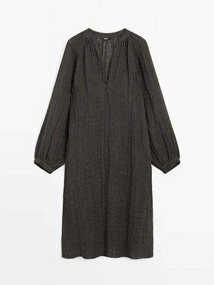 Платье свободного кроя из 100% льна с длинным рукавом- Заказать в России
