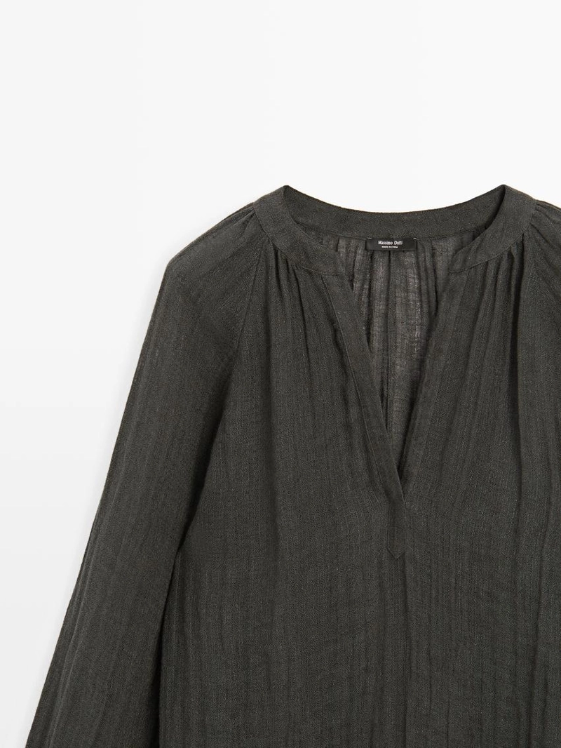 Платье свободного кроя из 100% льна с длинным рукавом