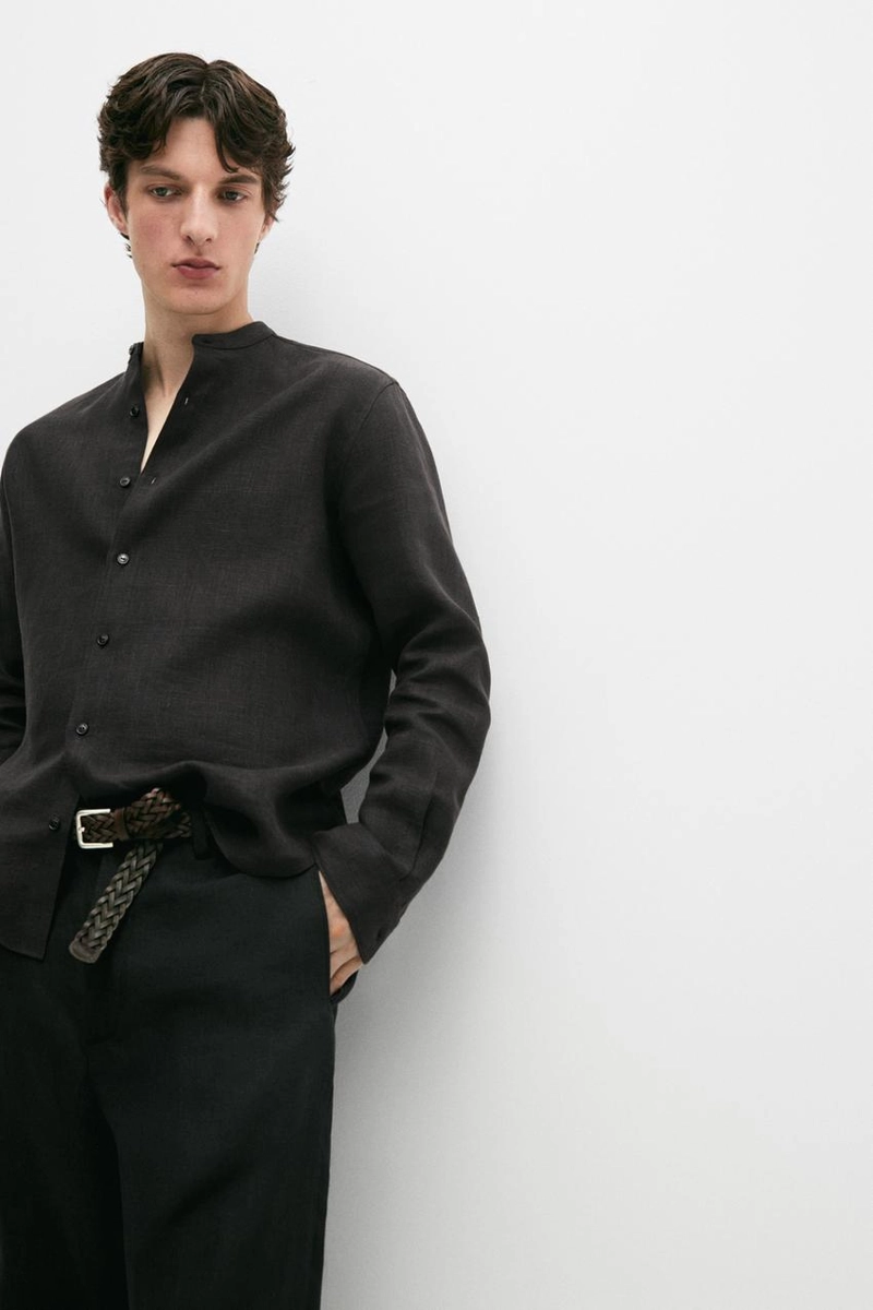 Рубашка с воротником стойкой из 100% льна