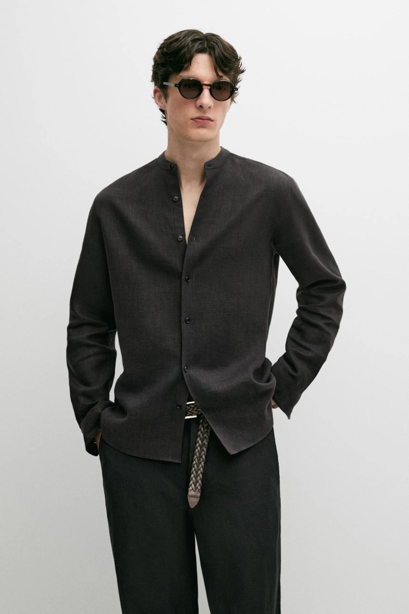 Рубашка с воротником стойкой из 100% льна