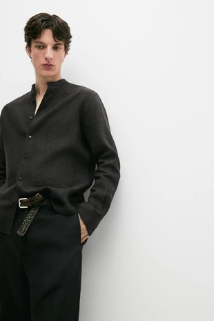 Рубашка с воротником стойкой из 100% льна- Заказать в России