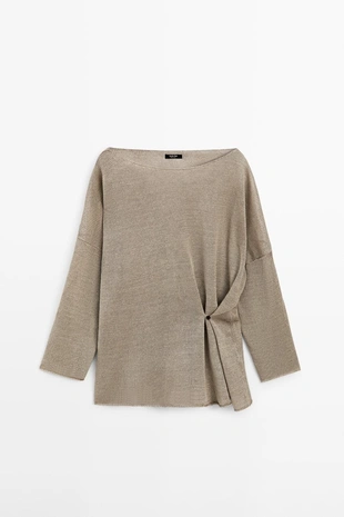 Джемпер из льна с излишне крупной вязкой и деталями на пуговицах- Заказать в России