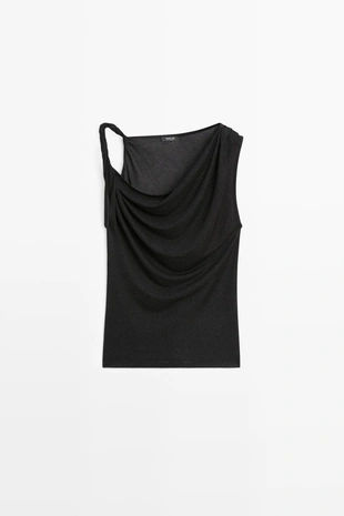 Топ с блестящим драпированным воротником и деталью узла- Заказать в России