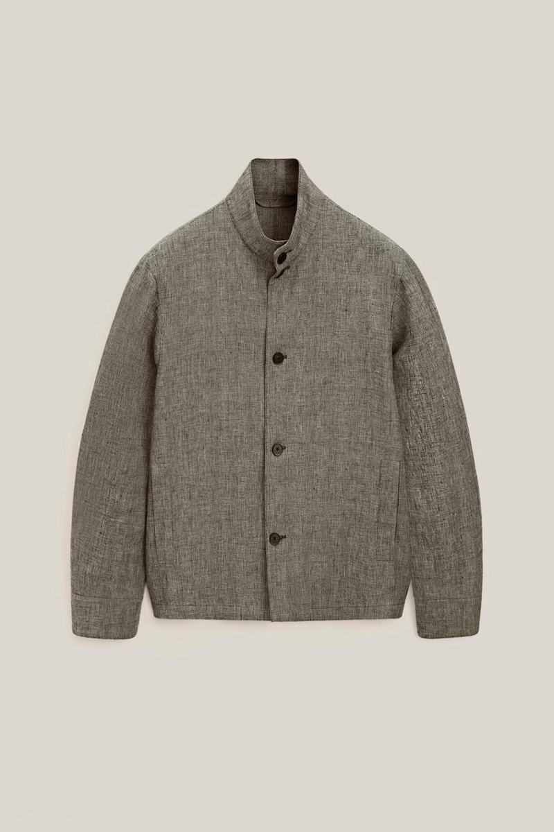 Льняная бомбер-куртка с деталями из меланжевой ткани - лимитированная коллекция