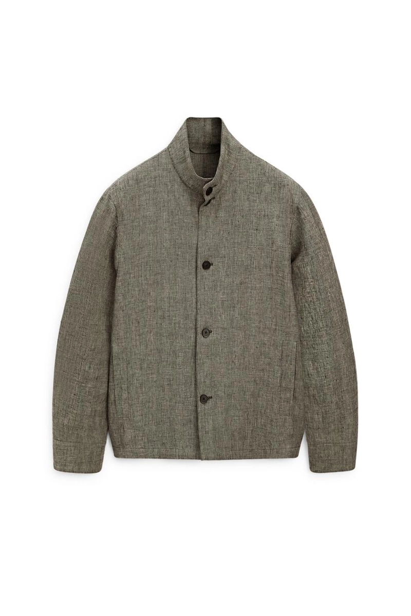Льняная бомбер-куртка с деталями из меланжевой ткани - лимитированная коллекция