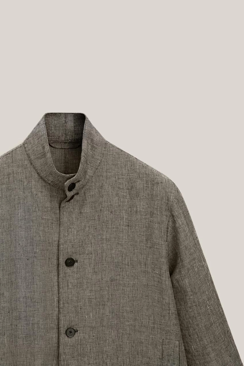 Льняная бомбер-куртка с деталями из меланжевой ткани - лимитированная коллекция