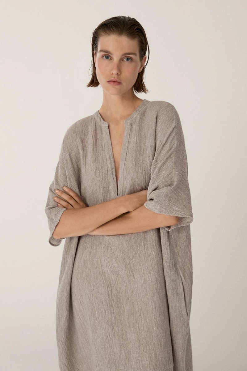 Платье-кафтан из смесового льна с вафельным плетением