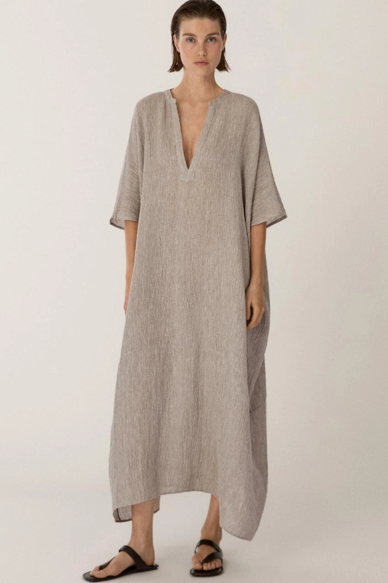Платье-кафтан из смесового льна с вафельным плетением