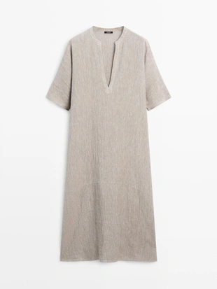 Платье-кафтан из смесового льна с вафельным плетением- Заказать в России