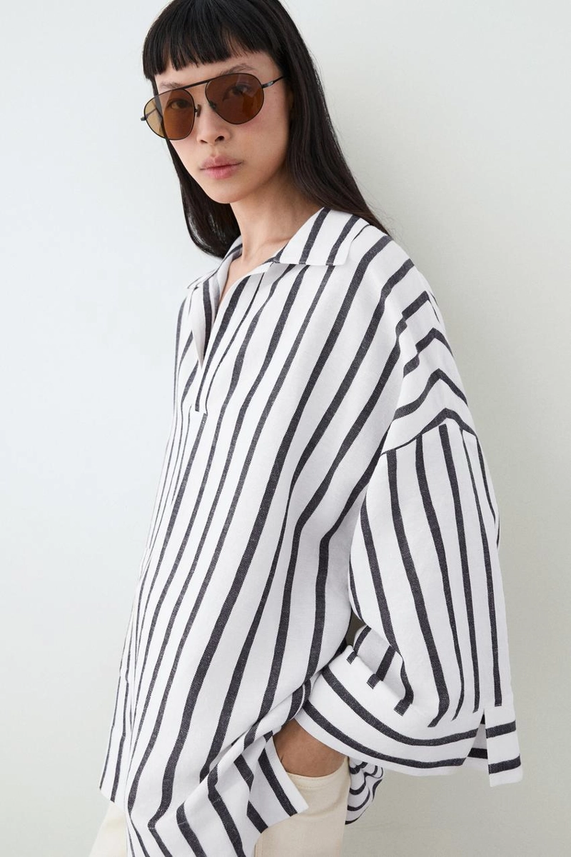 Рубашка с полосками в стиле oversize из льняной смеси