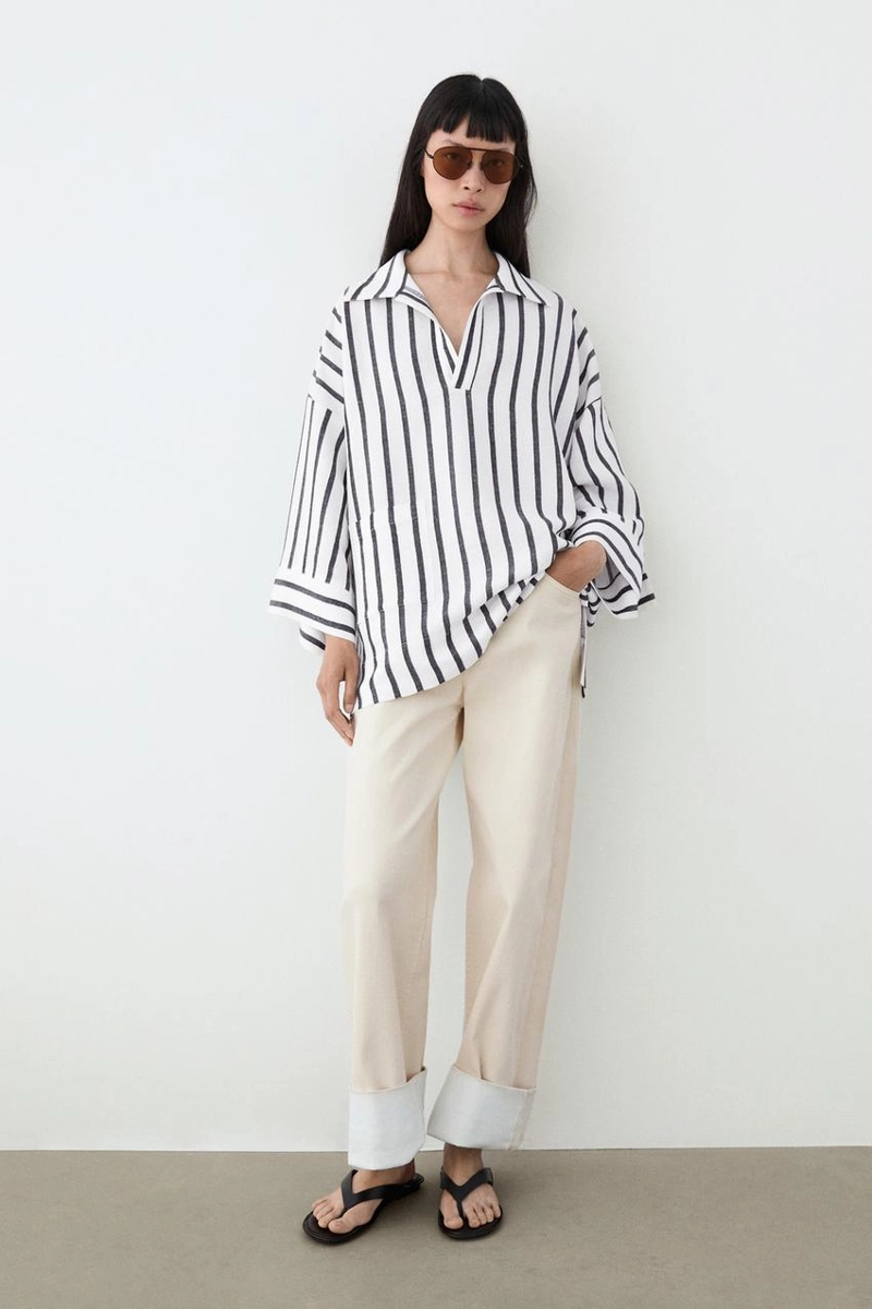 Рубашка с полосками в стиле oversize из льняной смеси