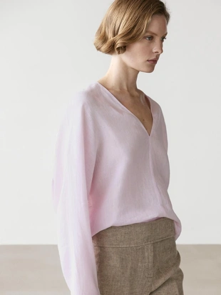PINK | 5156/731/902 - Massimo Dutti Блузка с V-образным вырезом из 100% льна