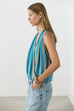 TURQUOISE | 5709/809/402 - Massimo Dutti Топ из полосатой льняной смеси