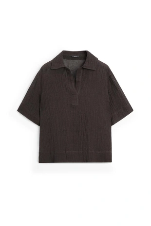 BROWN | 5168/568/700 - Massimo Dutti Раскатистая блузка с воротником поло из льняной смеси