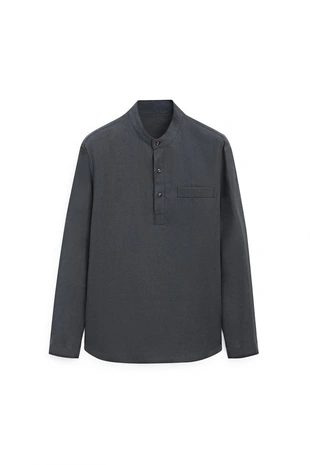 NAVY BLUE | 2064/880/401 - Massimo Dutti Рубашка из льна с застежкой на пуговицы и стойкой воротник - LIMITED EDITION