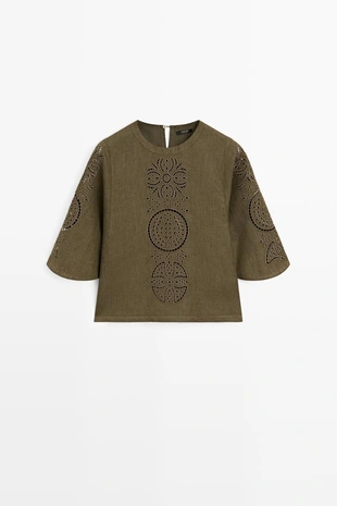 GREEN | 5143/943/527 - Massimo Dutti Блузка из льняной смеси с вышивкой